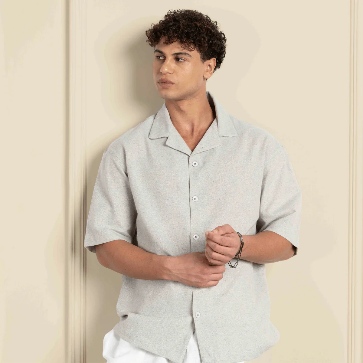 Relaxed Fit Half Sleeve Cuban Collar Shirt For Men | Melange Grey - Image 7