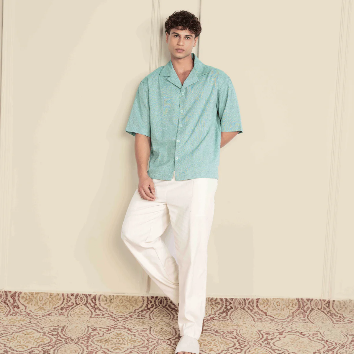 Relaxed Fit Half Sleeve Cuban Collar Shirt For Men | Sea Green - Image 5