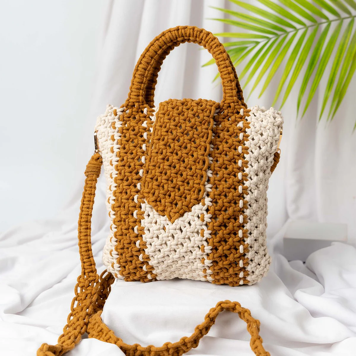 Brown Orchid Macrame Sling Bag | Handmade Shoulder Bag - Image 3