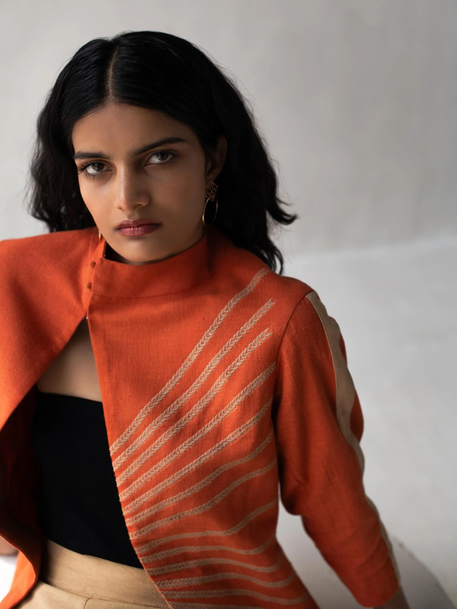 Burnt Orange Organic Cotton Overlap Jacket for Women - Image 4