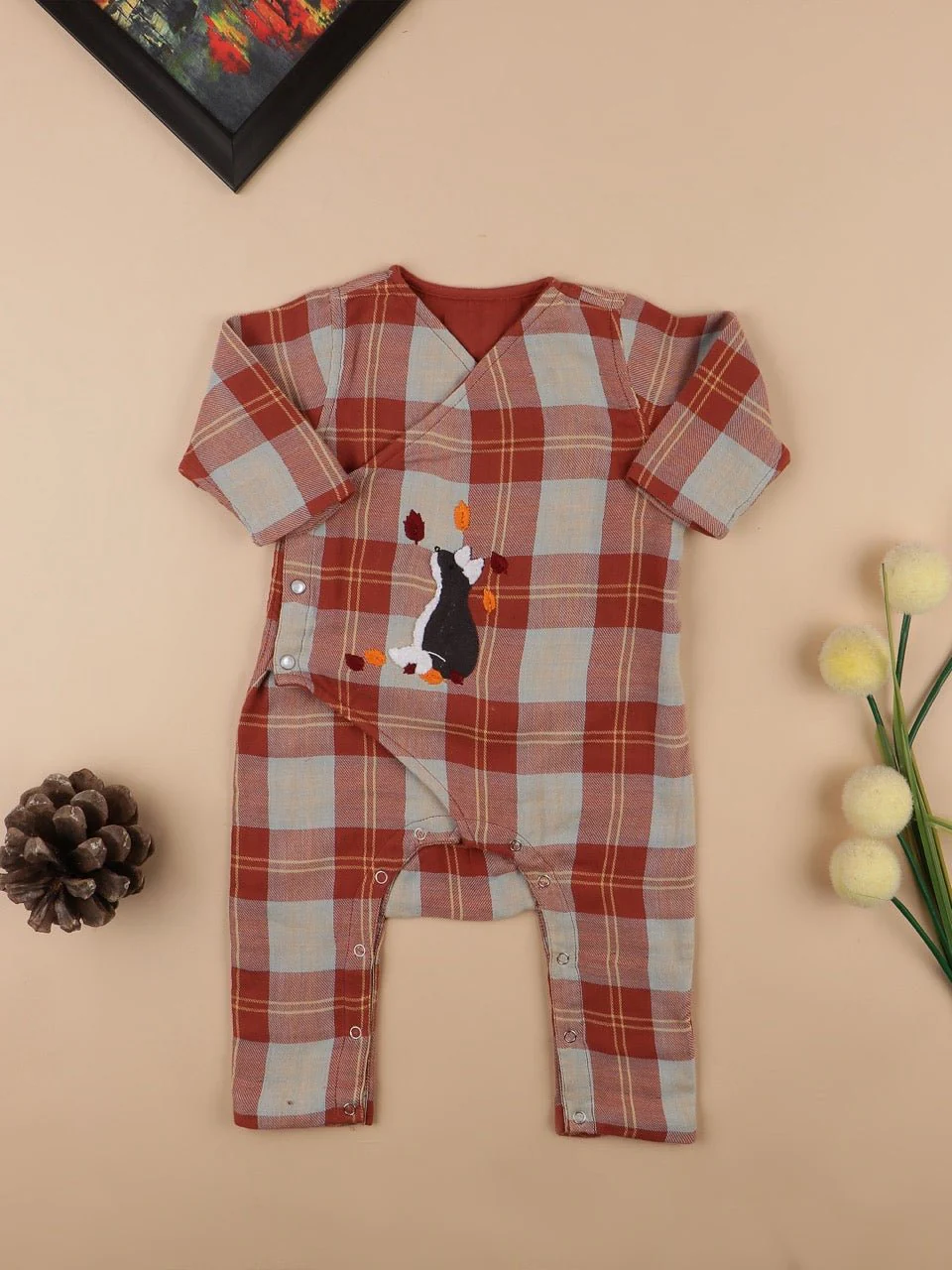 Checkered Foxy Reversible Romper – Rising Sun |Organic Cotton Babywear