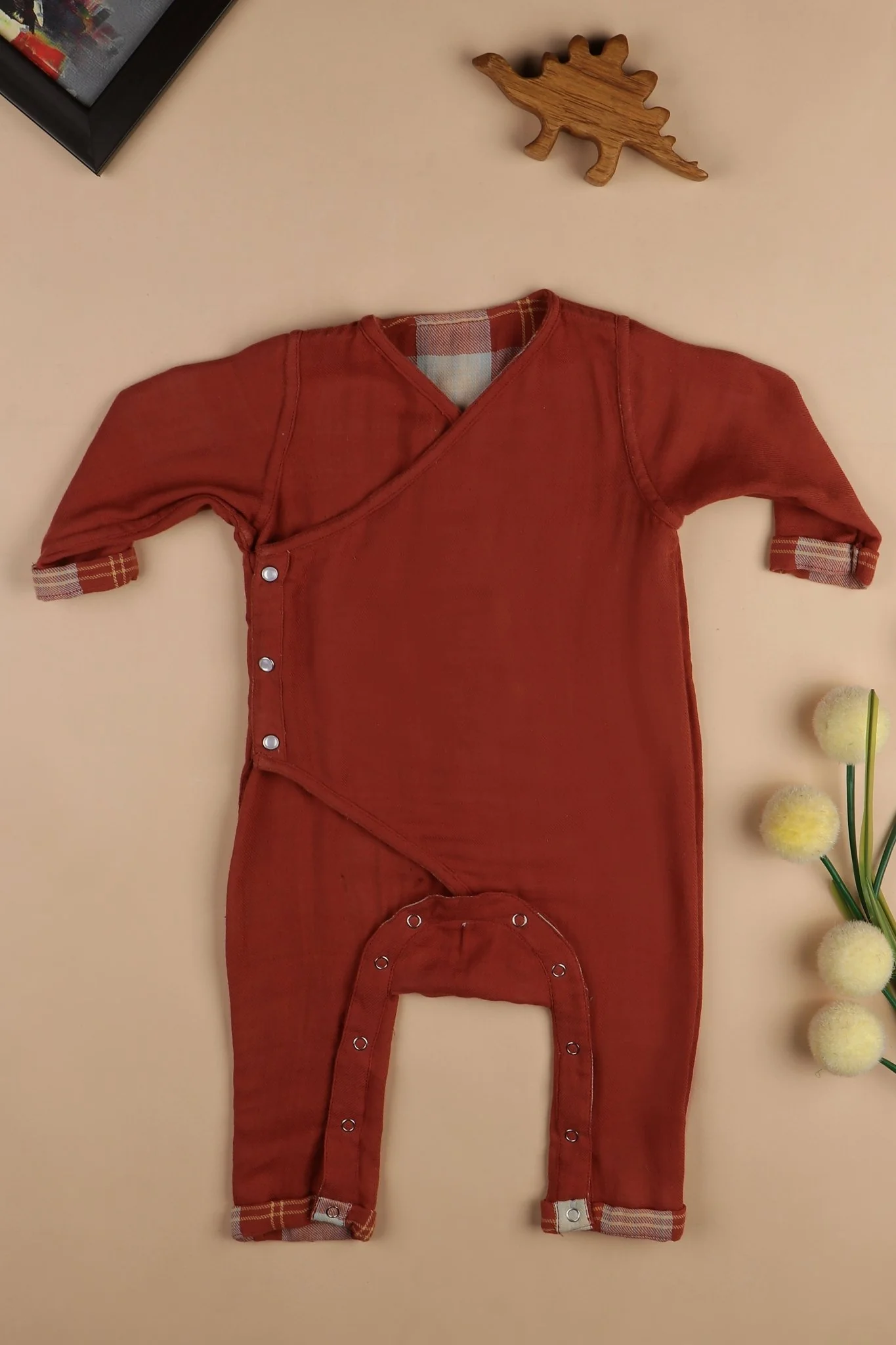 Checkered Foxy Reversible Romper – Rising Sun |Organic Cotton Babywear - Image 4