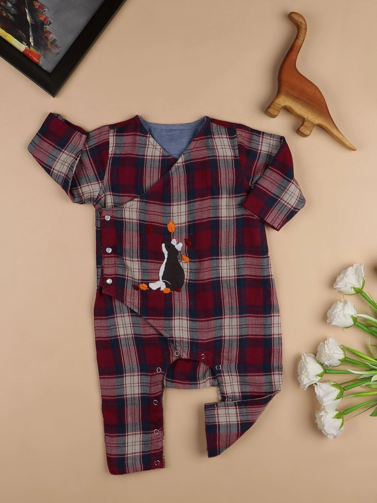 Checkered Foxy Reversible 2 in1 Cotton Romper – Dusky Pink & Blue