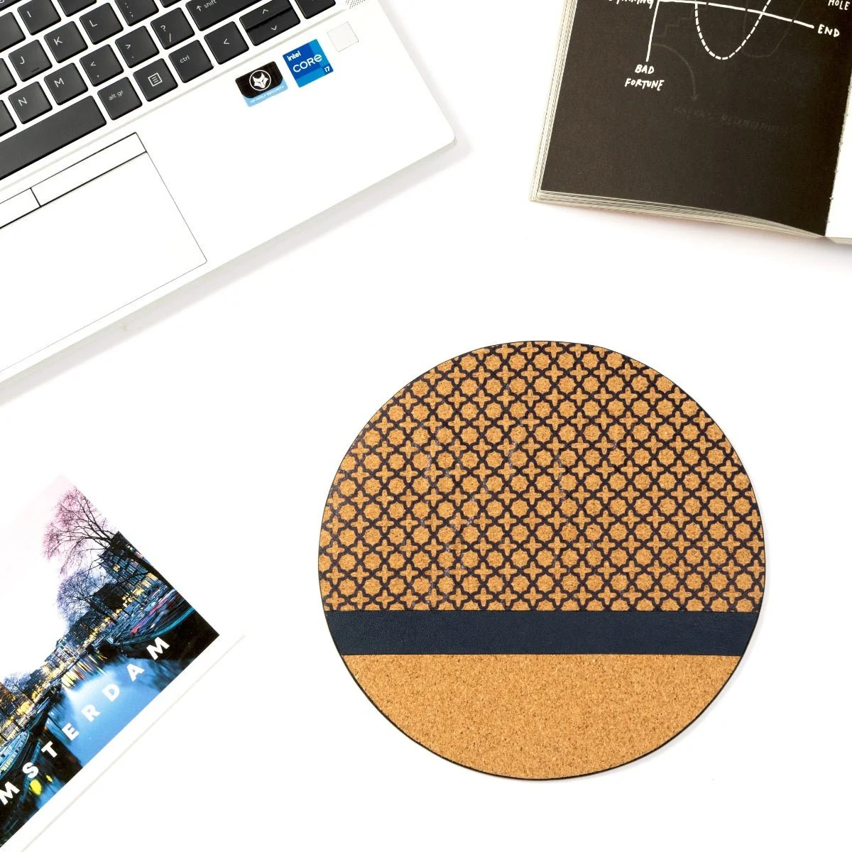 Circular Mouse Pad – Plant Leather & Cork (Blue & Cork) - Image 4