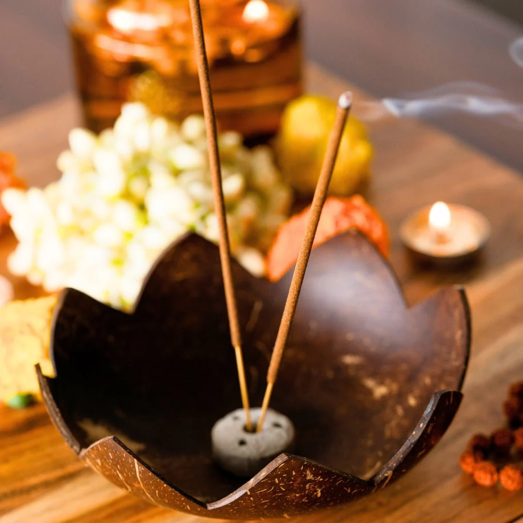 Coconut Shell Agarbatti Stand with Ash Catcher | Incense Stick Holder - Image 2