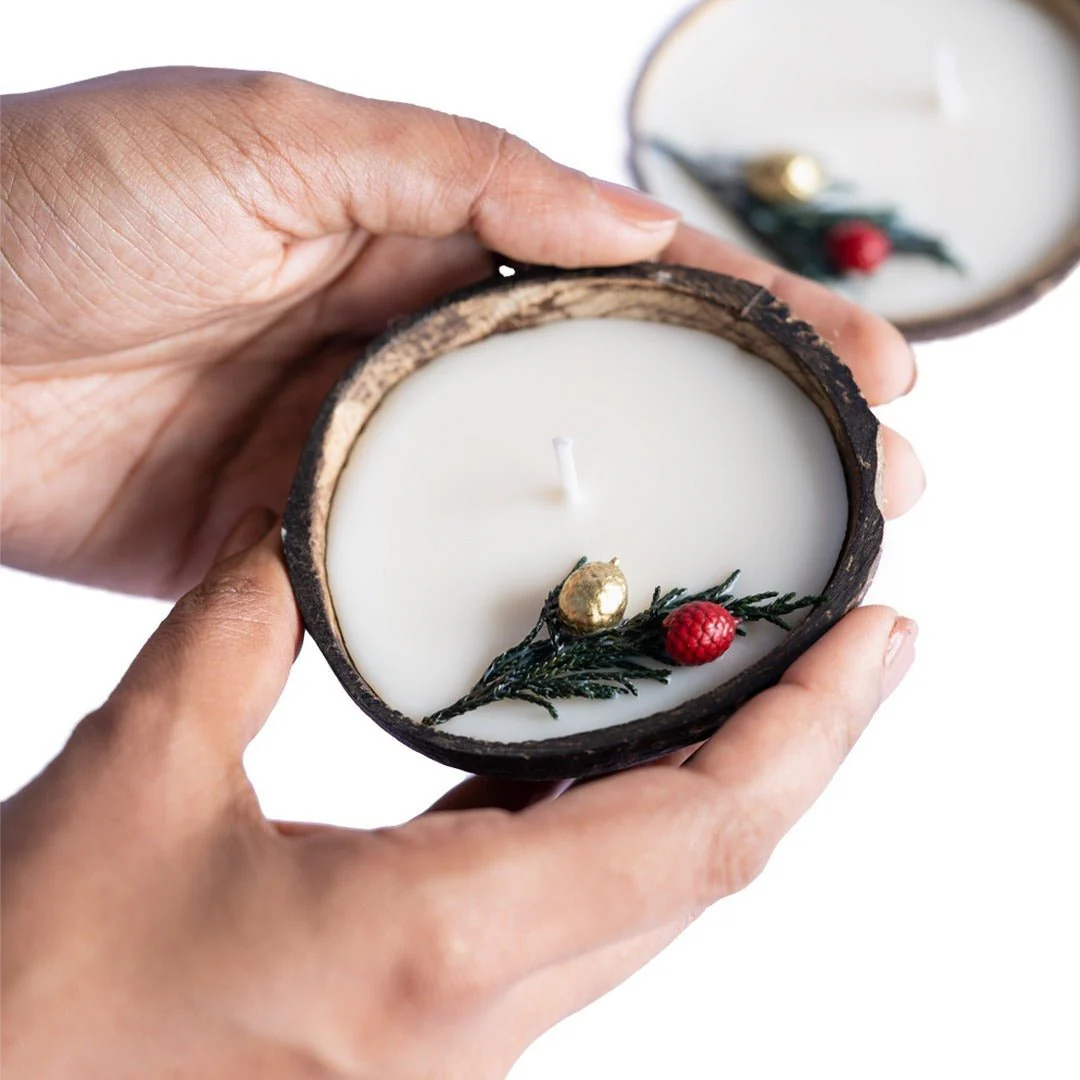 Coconut Shell Christmas Candle/Diya | Scented Soy Wax (Set of 2) - Image 3
