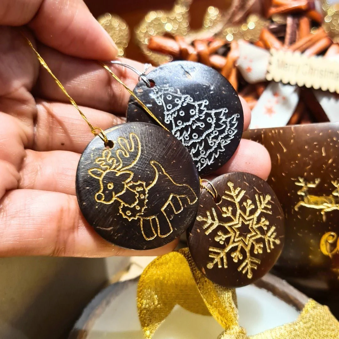 Coconut Shell Christmas Hanging Decorations - Set of 6 - Image 4