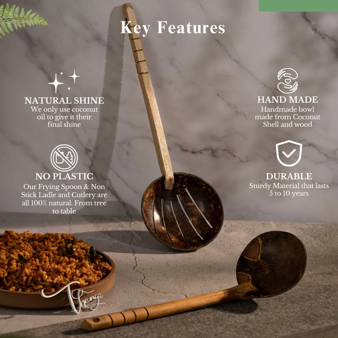 Coconut Shell Frying Spoon & Non Stick Wooden Ladles (Set of 2) - Image 4