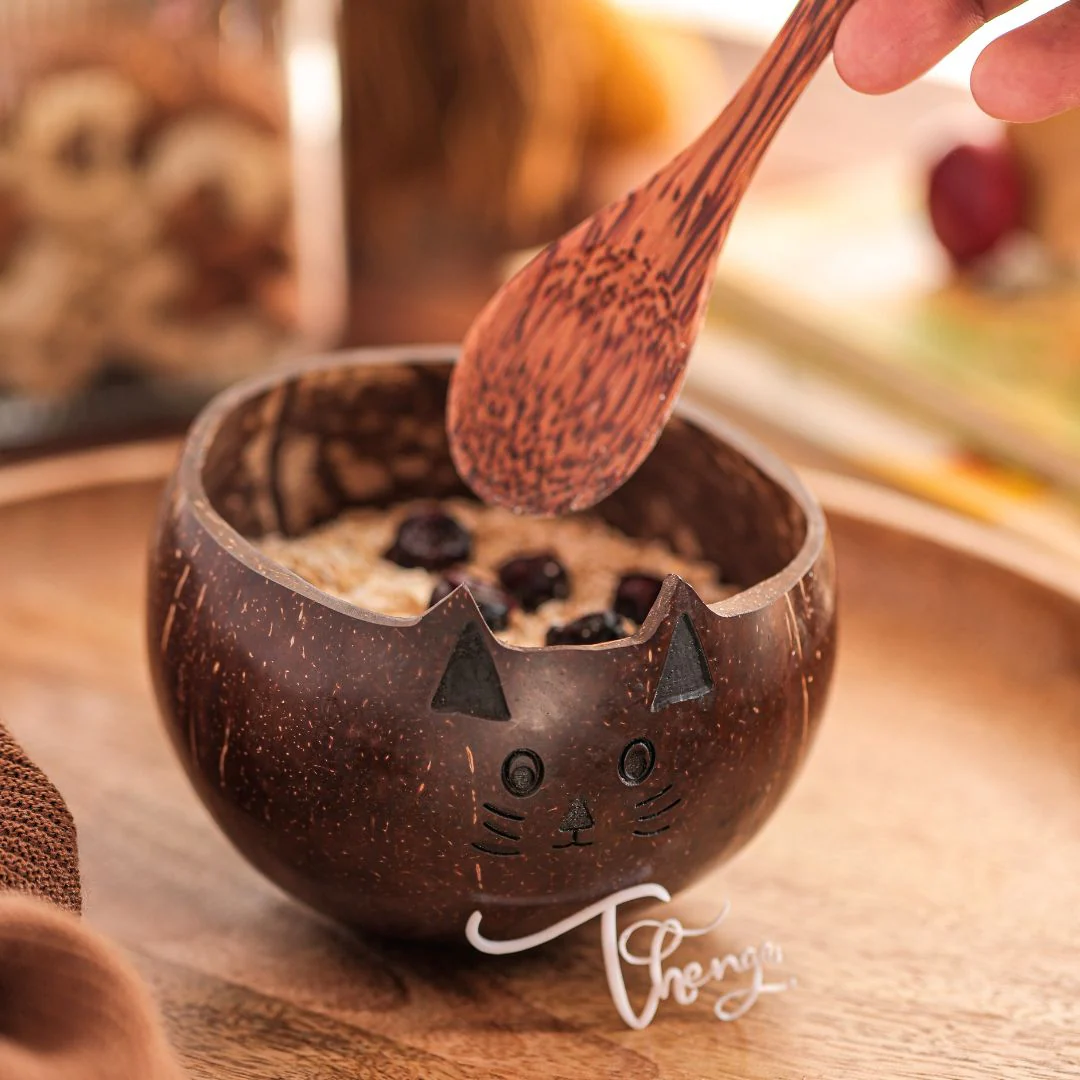 Coconut Shell Kids Serving Bowl | Animal Design - CAT 350ml (Set of 1) - Image 3