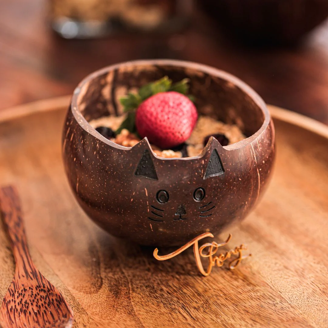 Coconut Shell Kids Serving Bowl | Animal Design - CAT 350ml (Set of 1) - Image 4