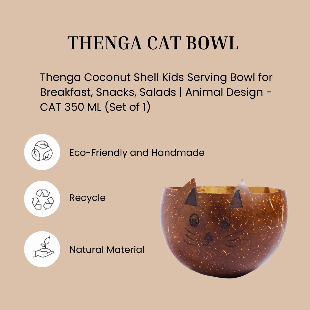Coconut Shell Kids Serving Bowl | Animal Design - CAT 350ml (Set of 1) - Image 5