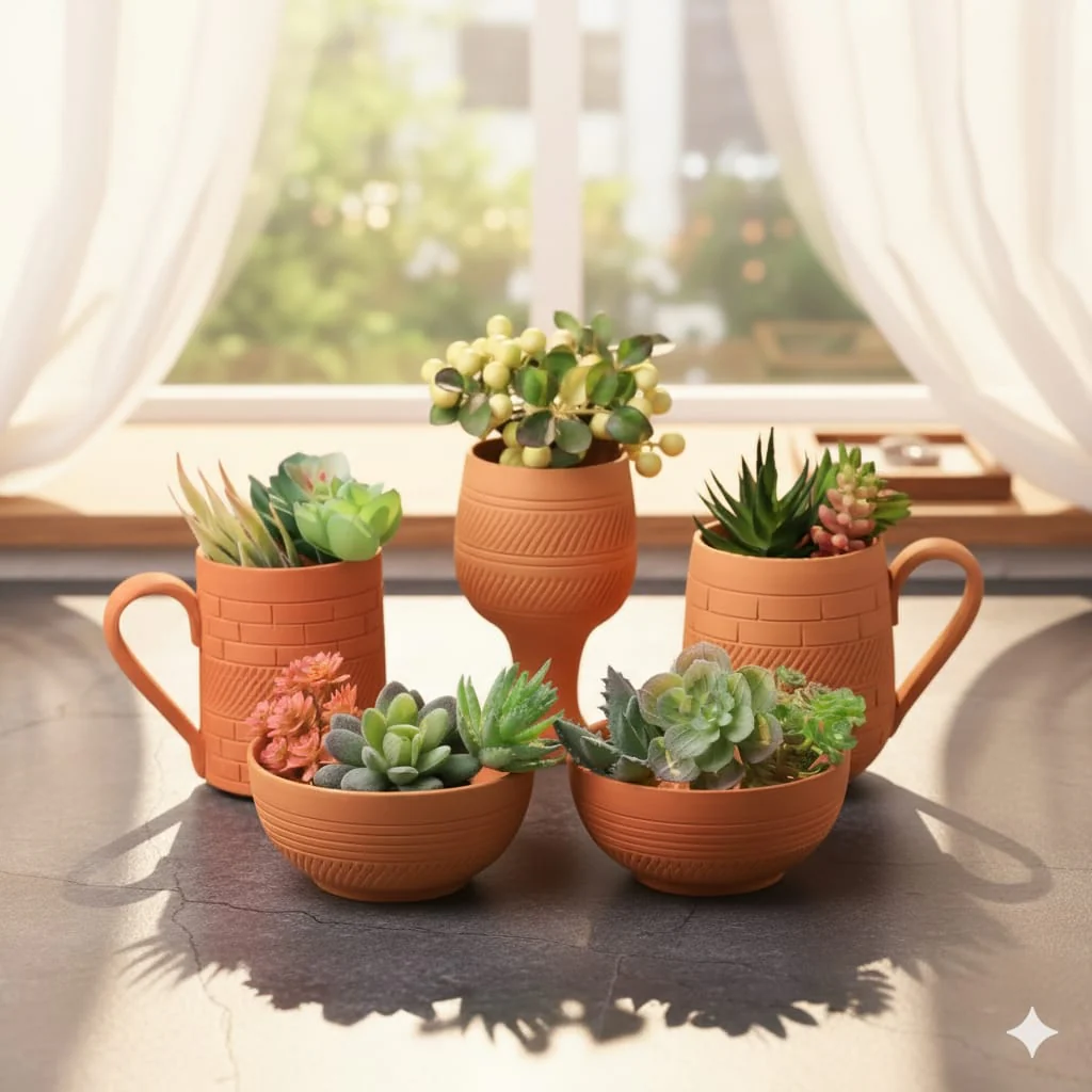 Planter Set of 5 –Coffee Mug & Bowl Ceramic Indoor & Outdoor Planters - Image 4