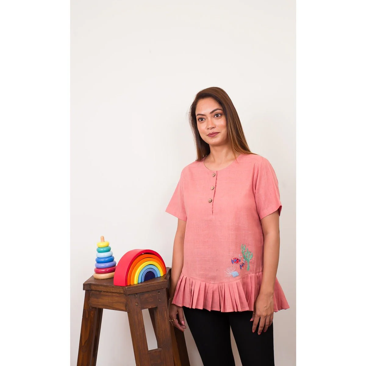 Cosy Coral Frill Top | Cotton Maternity Top for Women | Pastel Pink