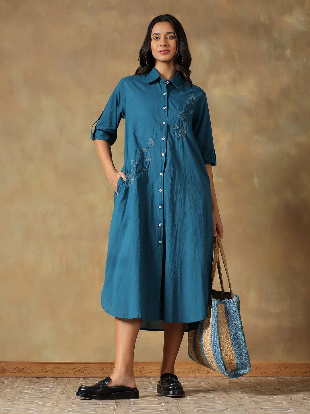 Hand Embroidered Cotton Chikankari Straight Fit Shirt Dress