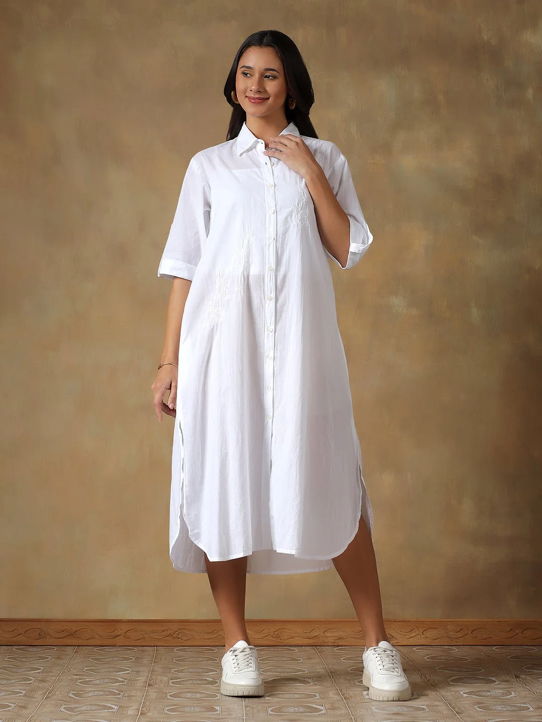 Hand Embroidered Cotton Chikankari Straight Fit Shirt Dress - Image 13