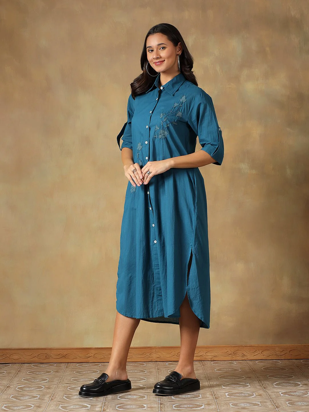 Hand Embroidered Cotton Chikankari Straight Fit Shirt Dress - Image 2