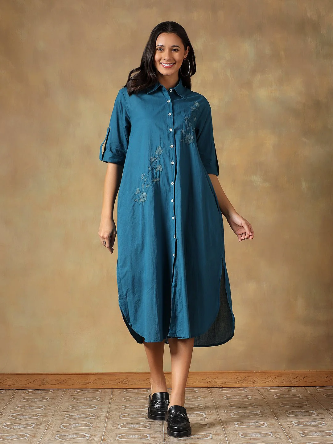 Hand Embroidered Cotton Chikankari Straight Fit Shirt Dress - Image 3