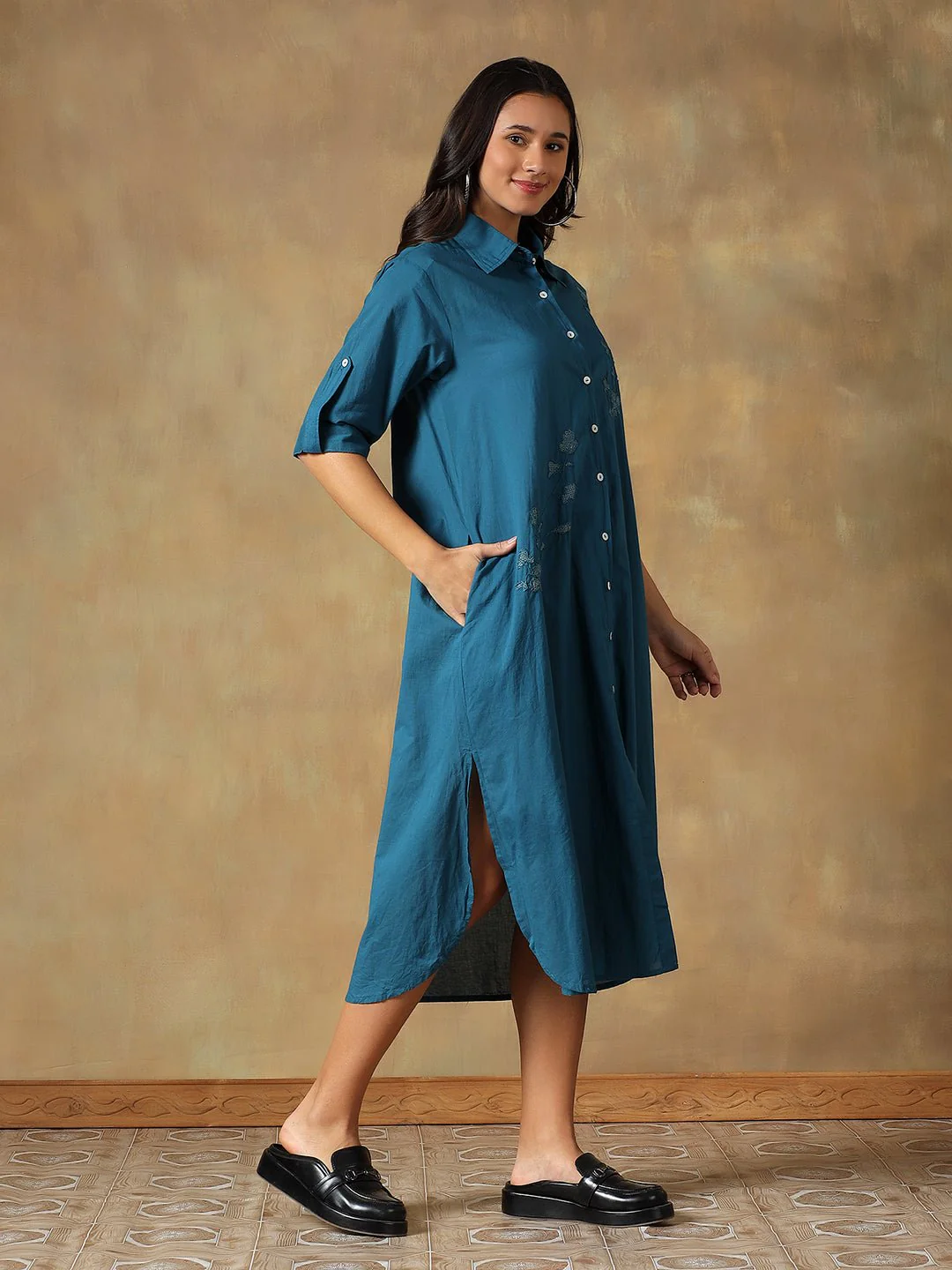 Hand Embroidered Cotton Chikankari Straight Fit Shirt Dress - Image 5