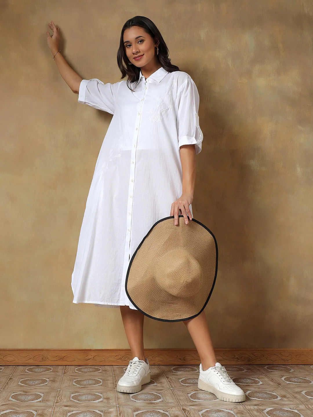 Hand Embroidered Cotton Chikankari Straight Fit Shirt Dress - Image 8