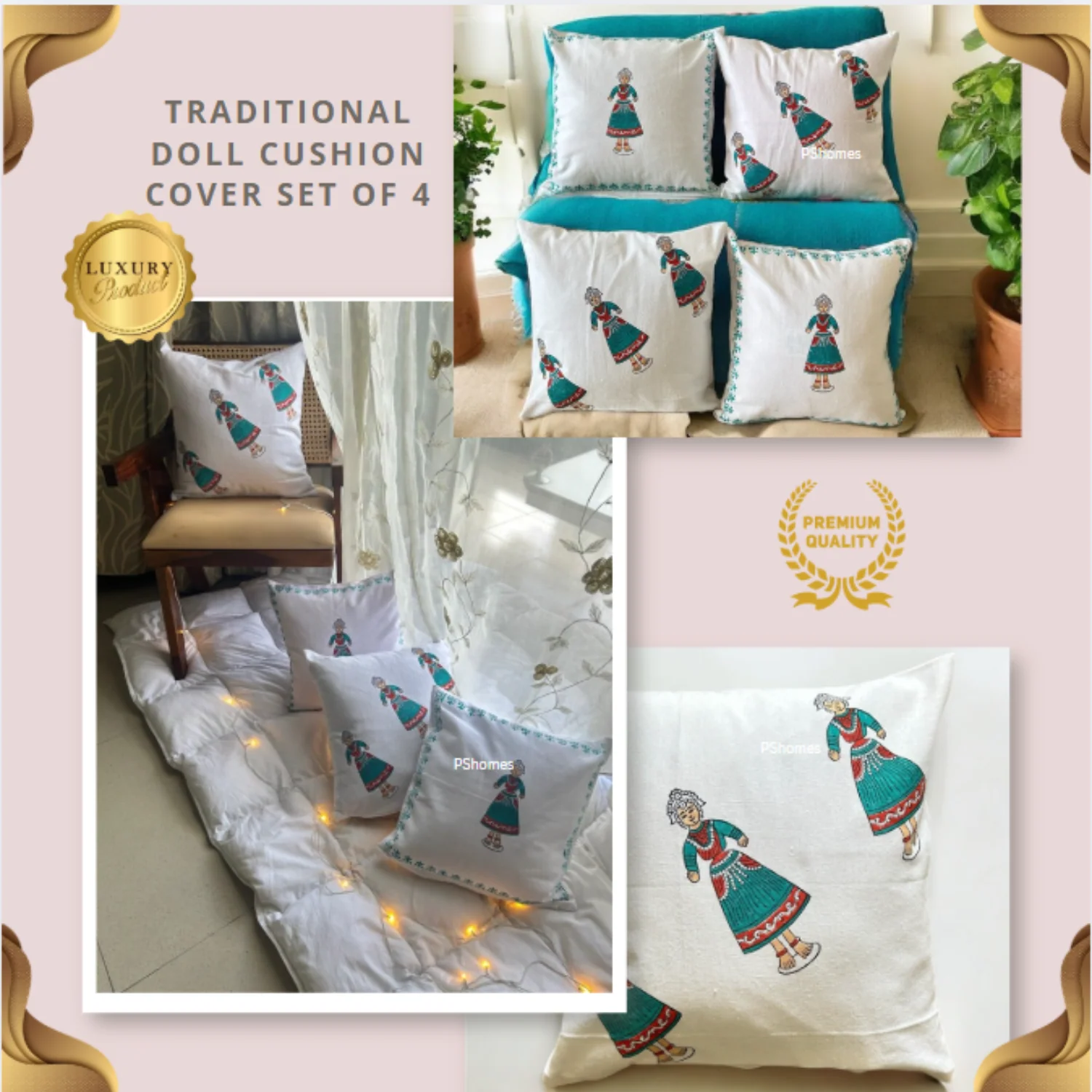 Cotton Cushion Cover - Traditional Doll Print - Set of 4 - Image 3
