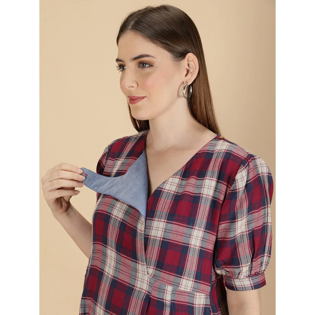 Cotton Maternity Dress for Women | Dusky Pink & Blue - Image 4