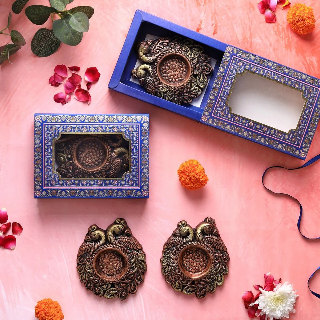 Couple Peacock T-Light Diya Set – Festive Decor - Image 3