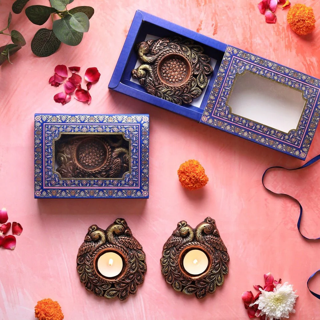 Couple Peacock T-Light Diya Set – Festive Decor - Image 4