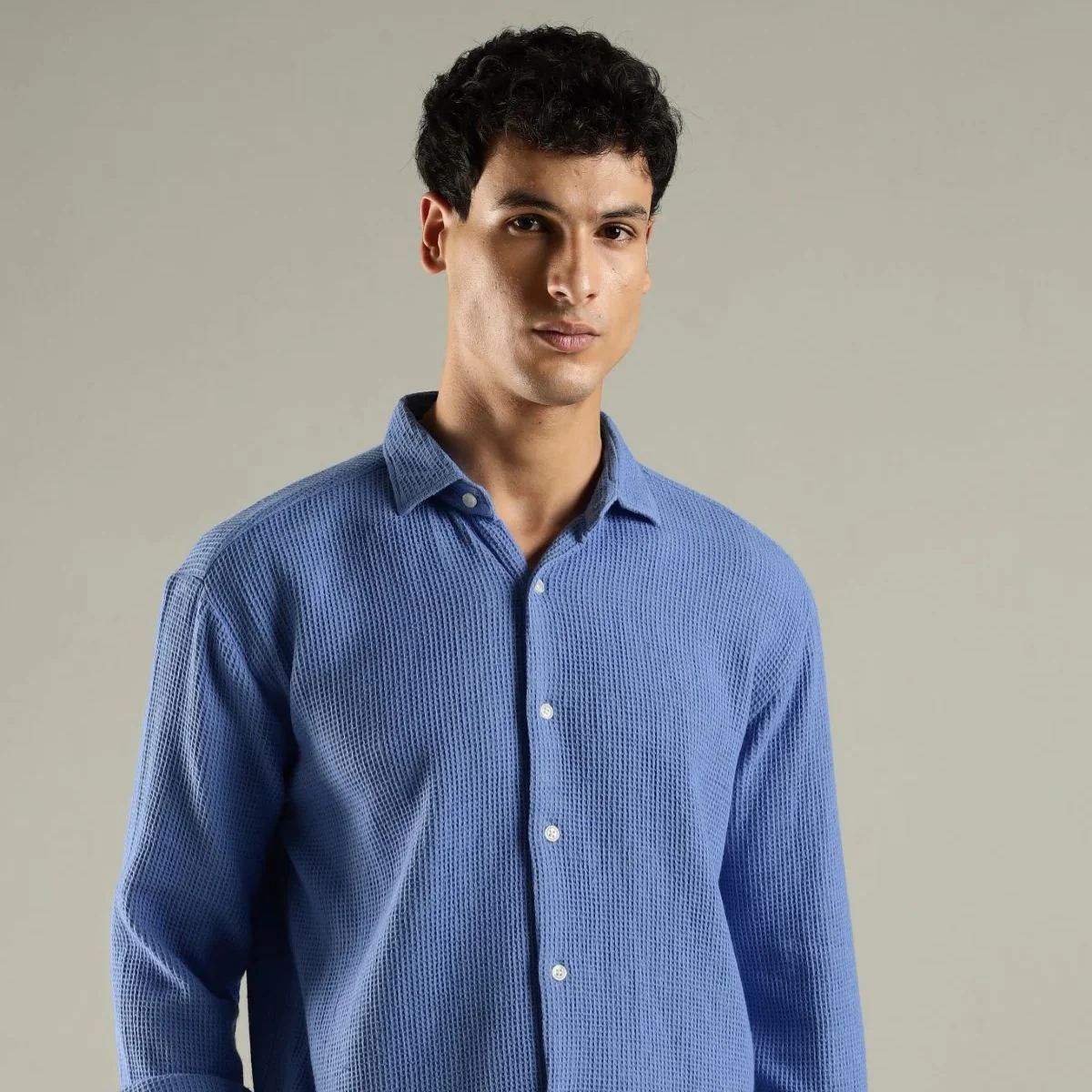 Men’s Blue Waffle Knit Shirt - Image 3