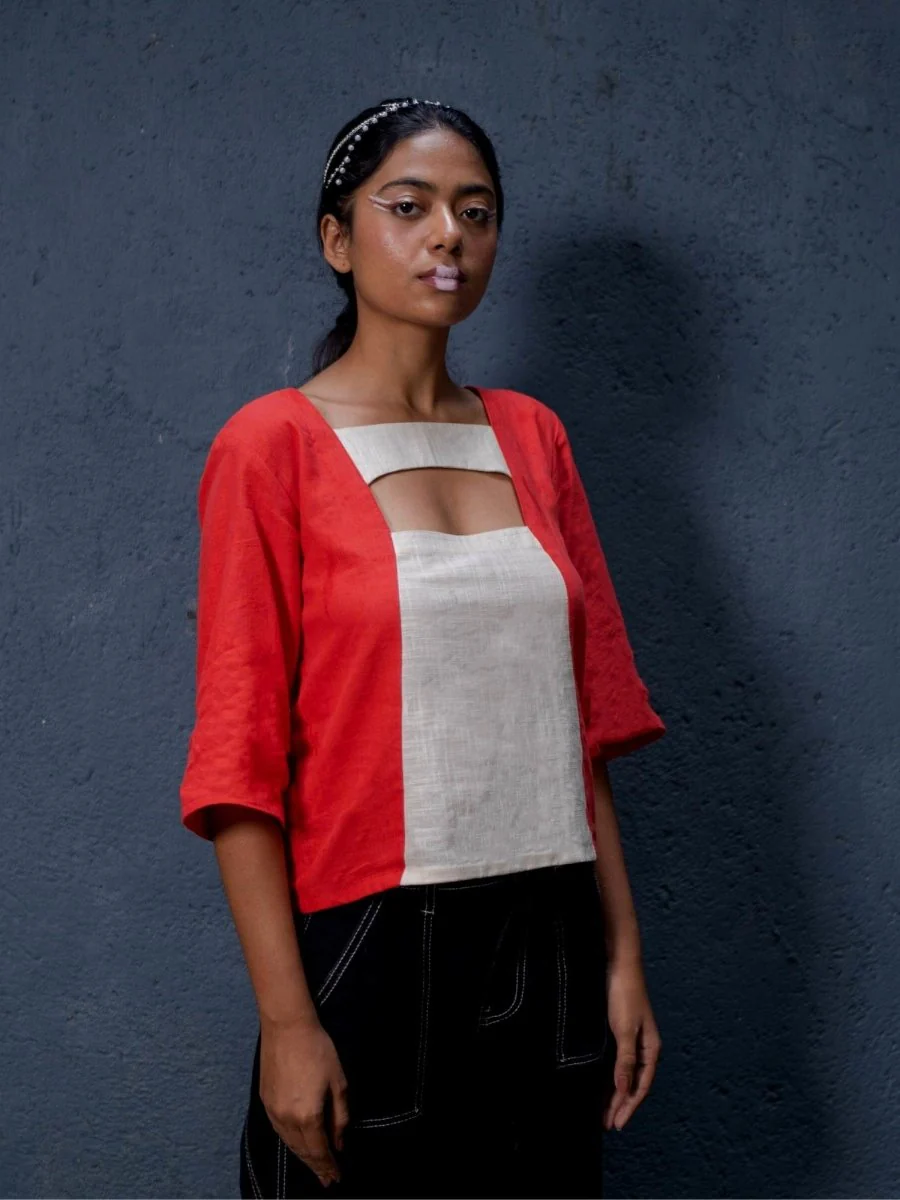 Cut The Crap Top | 100% Handwoven Cotton Fabric | Bold Red Cut Out Top with Cream Fabric Detailing - Image 3