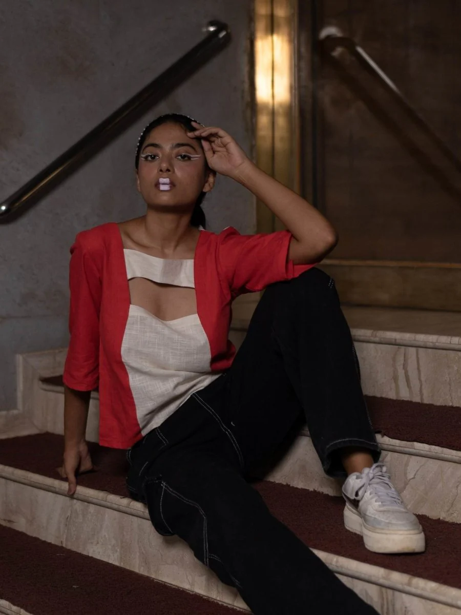 Cut The Crap Top | 100% Handwoven Cotton Fabric | Bold Red Cut Out Top with Cream Fabric Detailing - Image 4