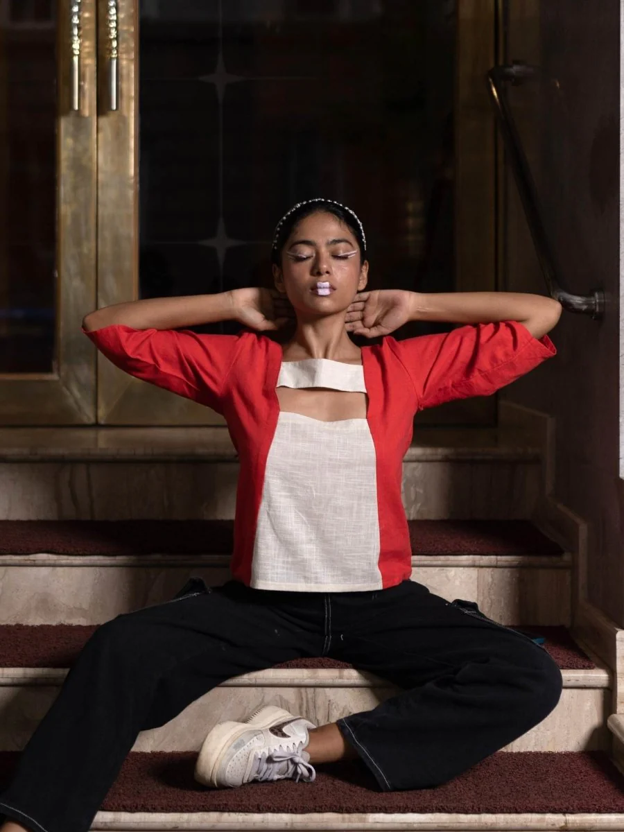 Cut The Crap Top | 100% Handwoven Cotton Fabric | Bold Red Cut Out Top with Cream Fabric Detailing - Image 5