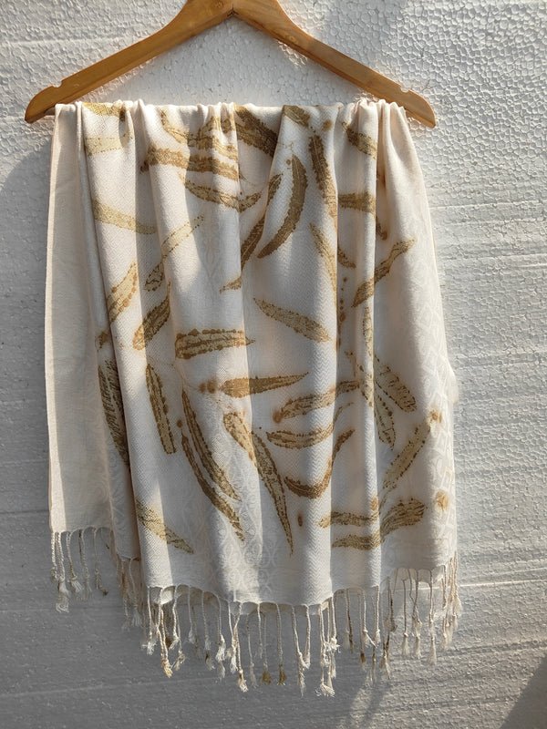 Daisy Dream White Scarf – Viscose Ecoprinted with Eucalyptus Leaves