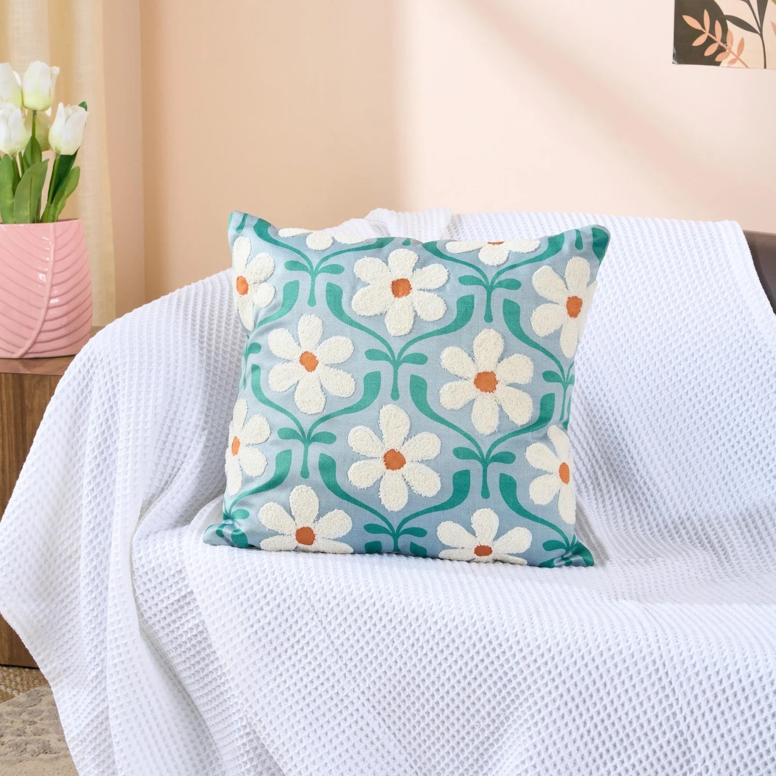 Daisy Green Petals Velvet Cushion | Floral Luxury Decorative Cushion