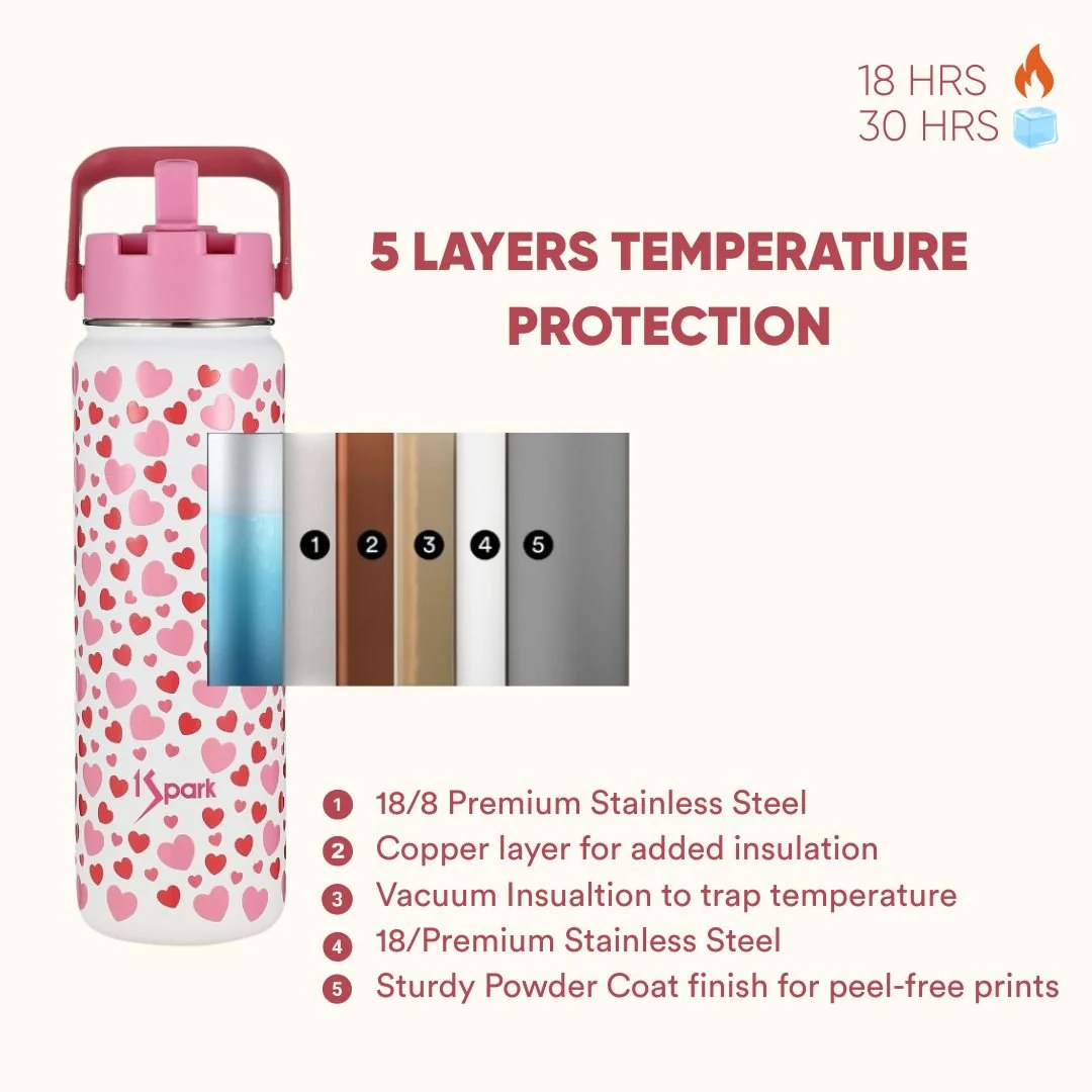 Hearts Dual Lid Insulated Bottle (Straw + Sipper) - Image 3