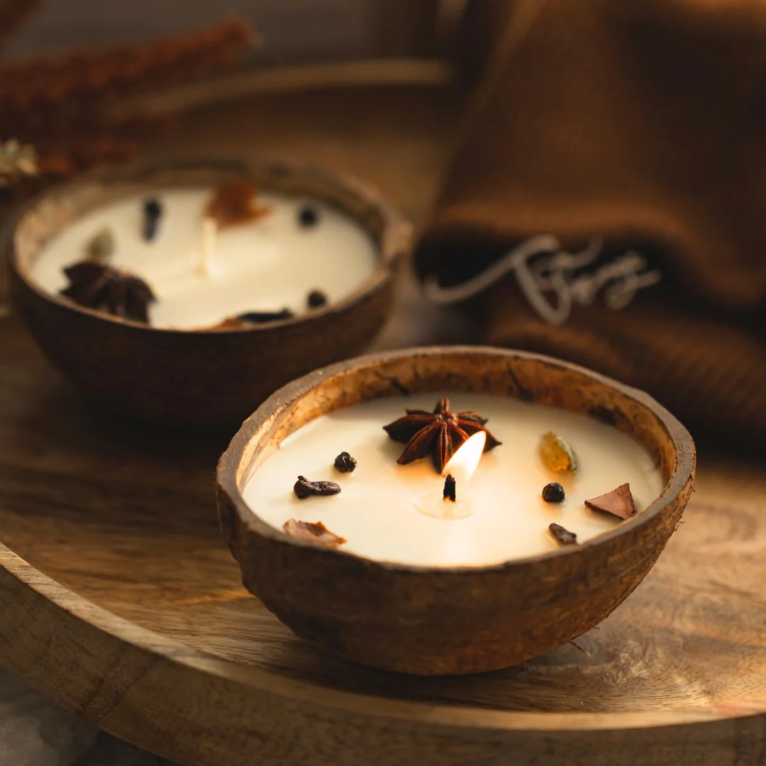Eco-Friendly Coconut Shell Spice Candle/Diya Scented Soy Wax(Set of 2)