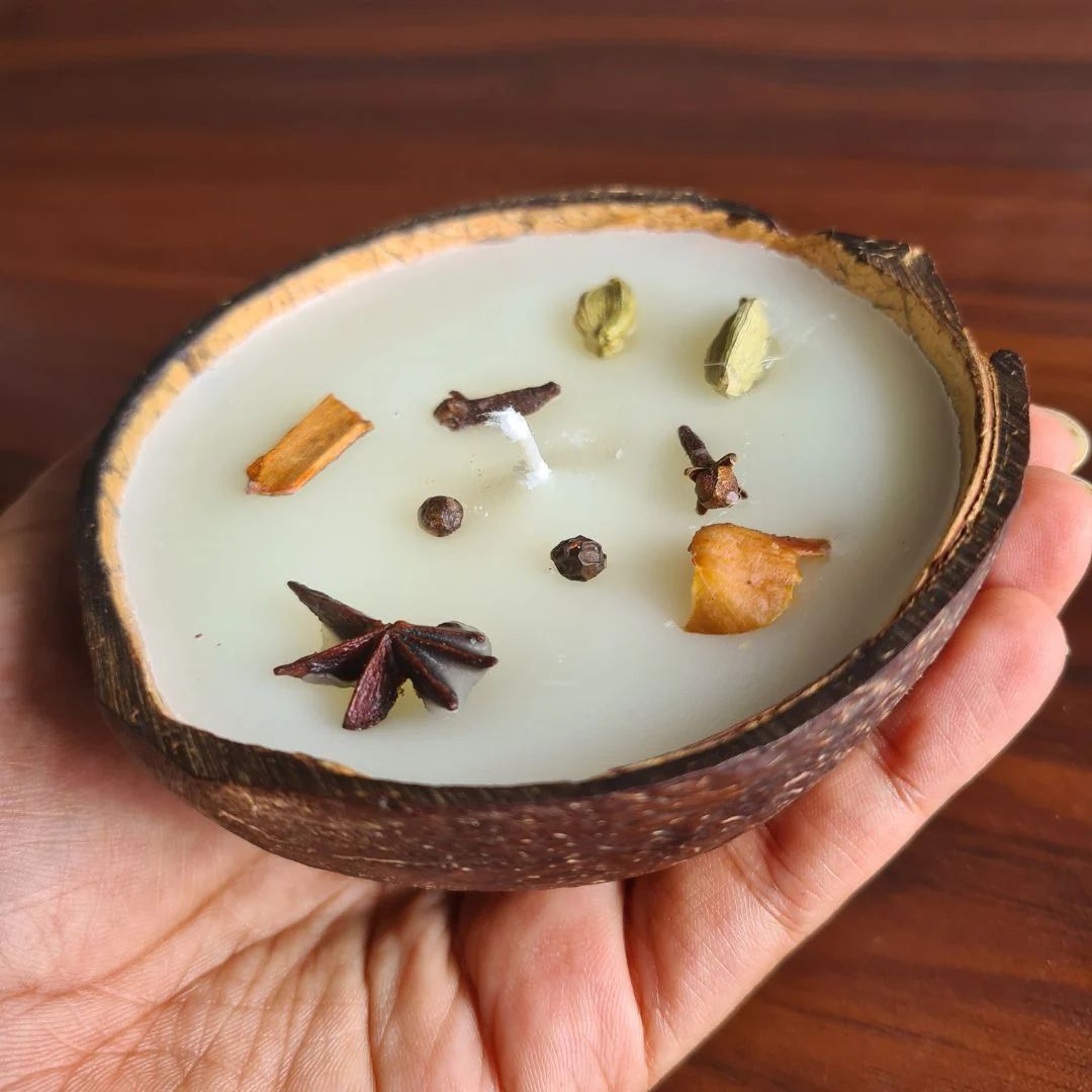 Eco-Friendly Coconut Shell Spice Candle/Diya Scented Soy Wax(Set of 2) - Image 3