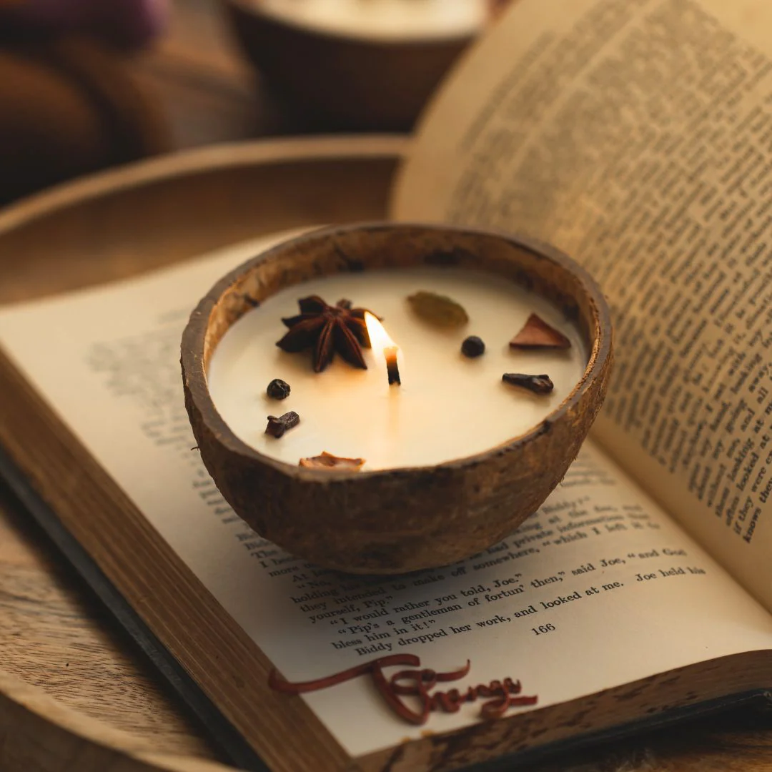 Eco-Friendly Coconut Shell Spice Candle/Diya Scented Soy Wax(Set of 2) - Image 5