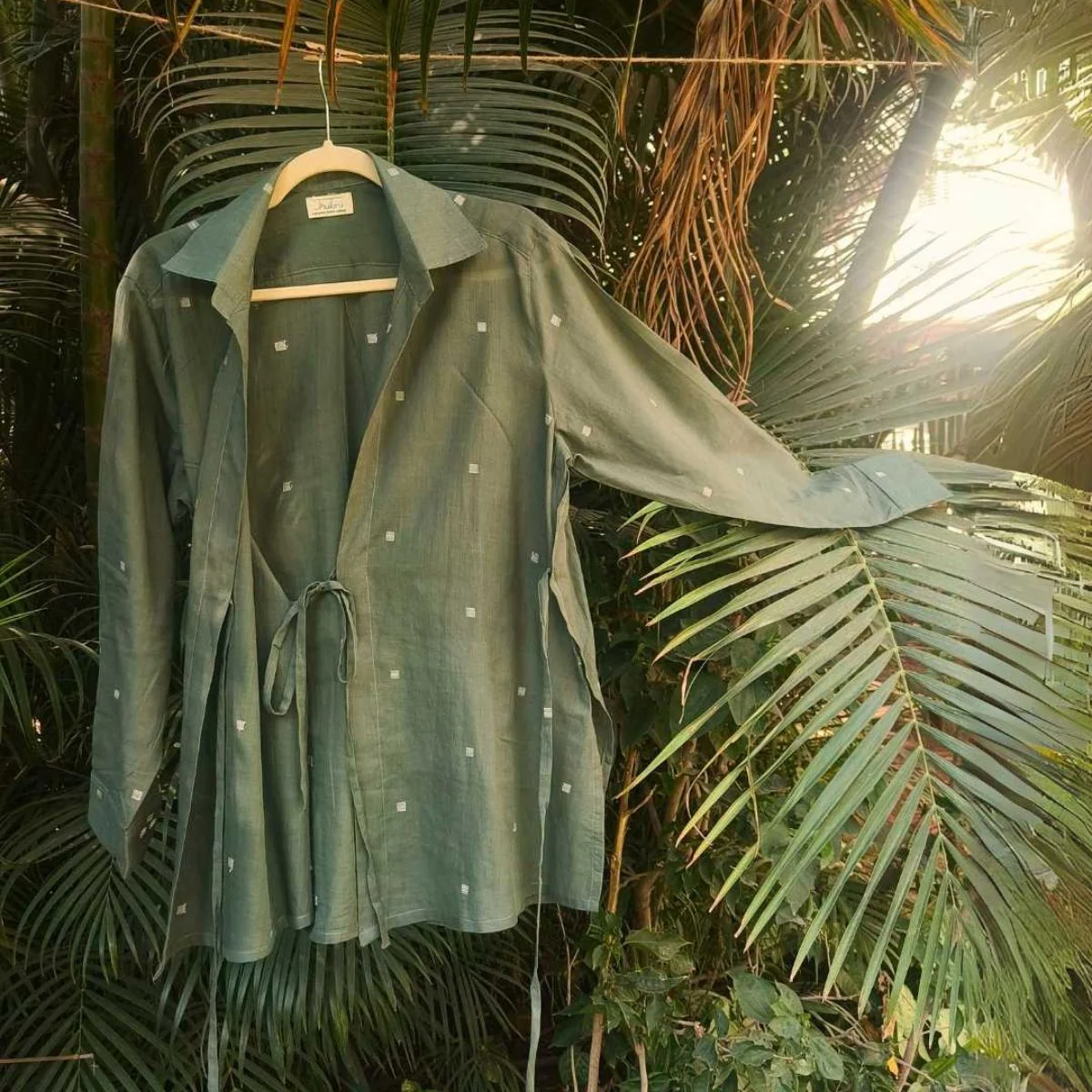 Eden Jamdani Cotton Wrap Shirt in Olive Green - Image 4