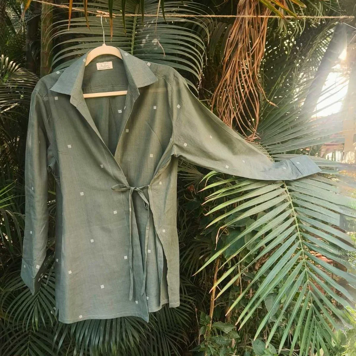 Eden Jamdani Cotton Wrap Shirt in Olive Green - Image 5