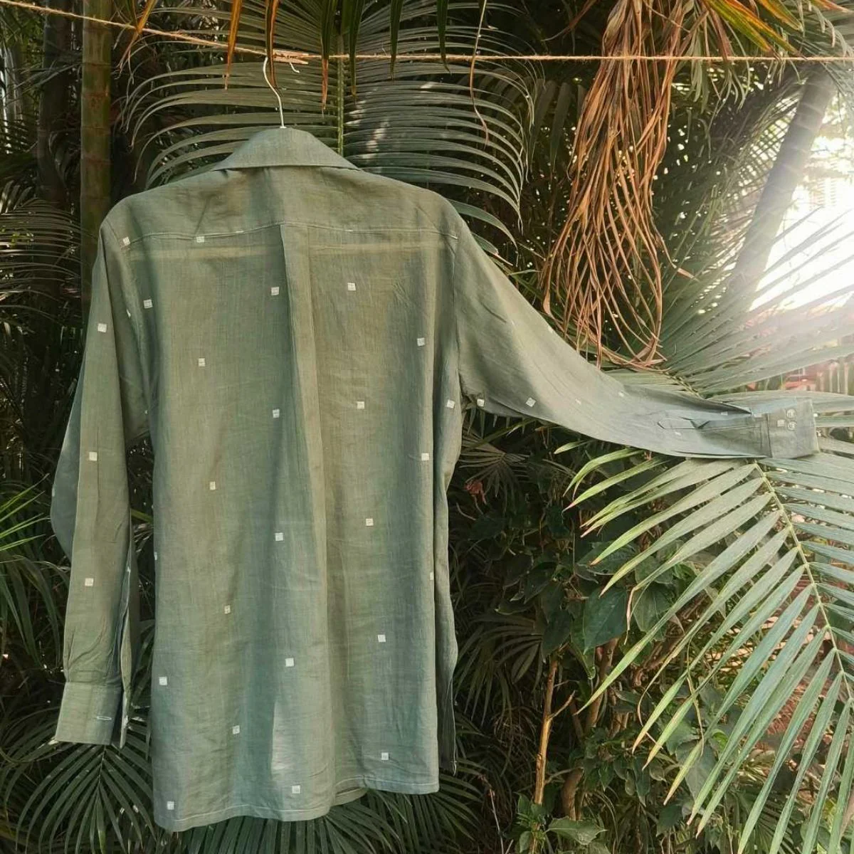 Eden Jamdani Cotton Wrap Shirt in Olive Green - Image 6