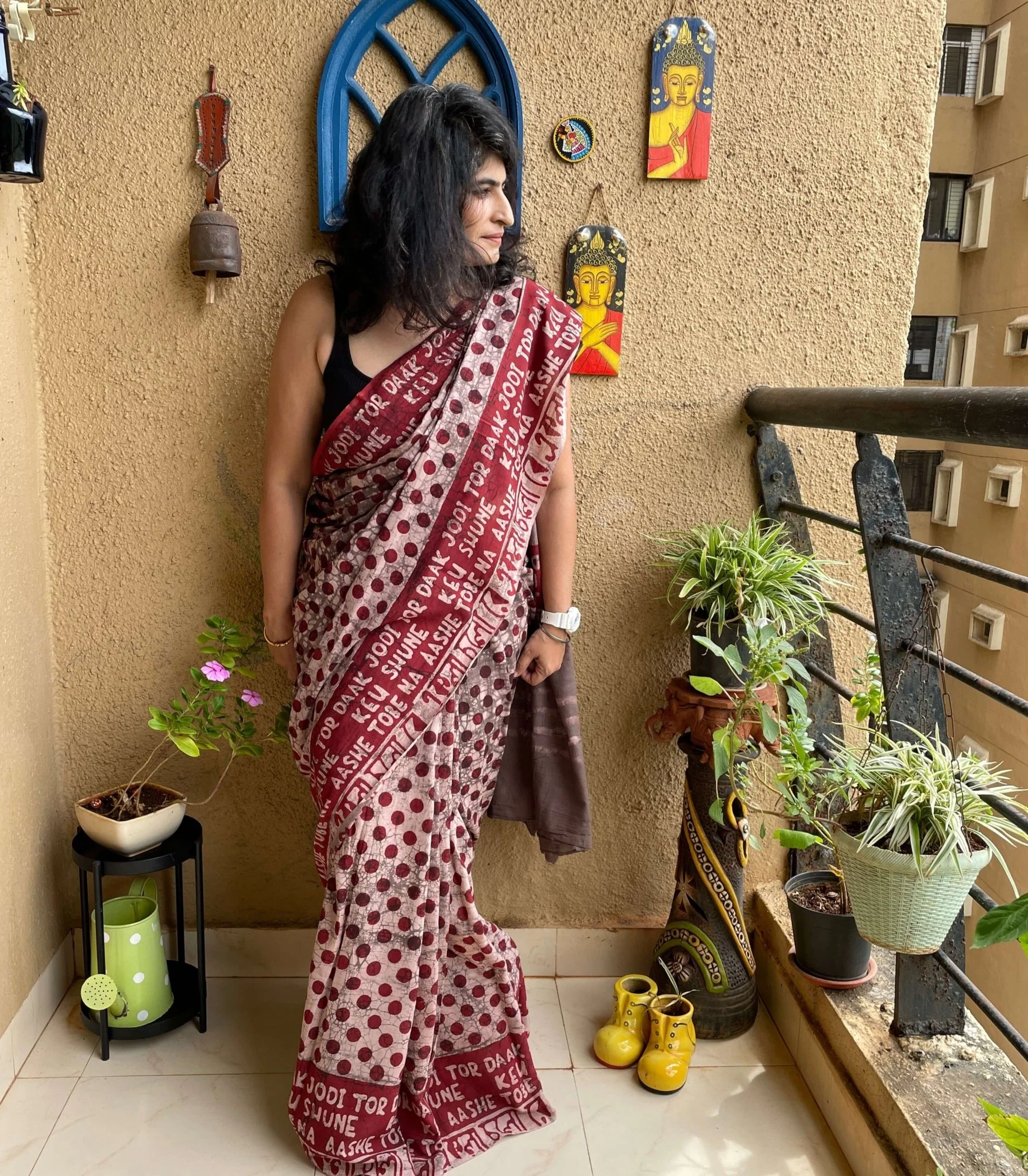 Ekla Cholo Polka Dot Cotton Saree – Handloom Woven - Image 4