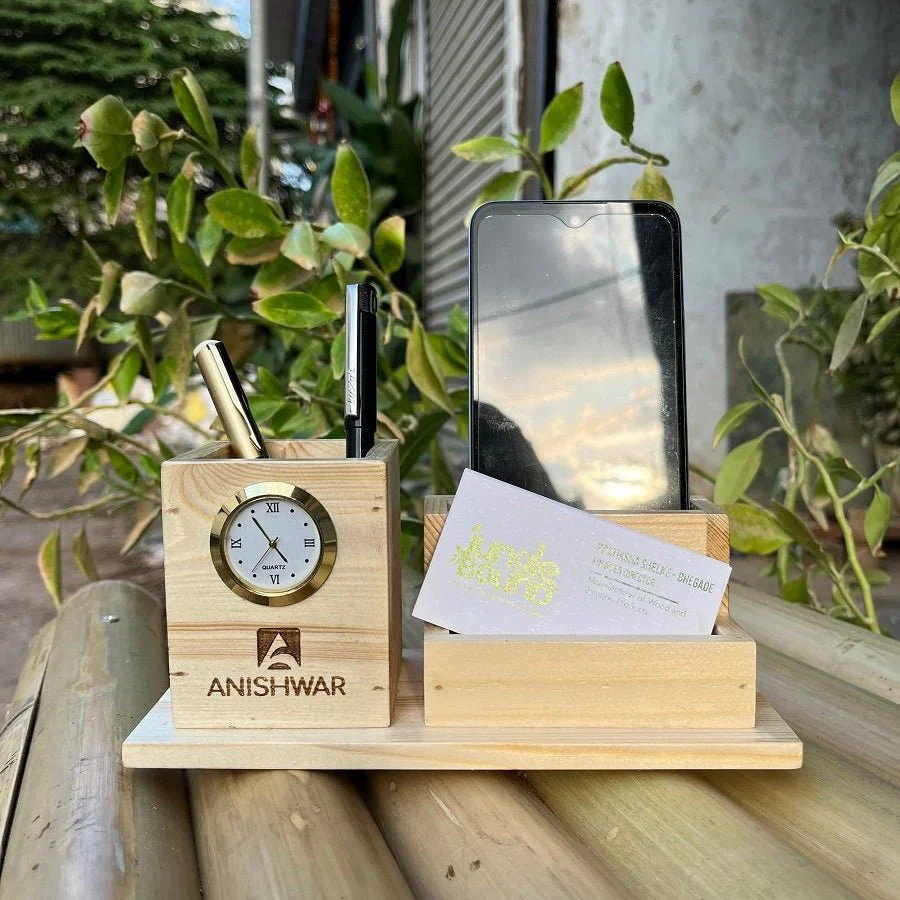 Elegant Wooden Pen Stand with Clock – Desk Organizer for Home & Office - Image 2