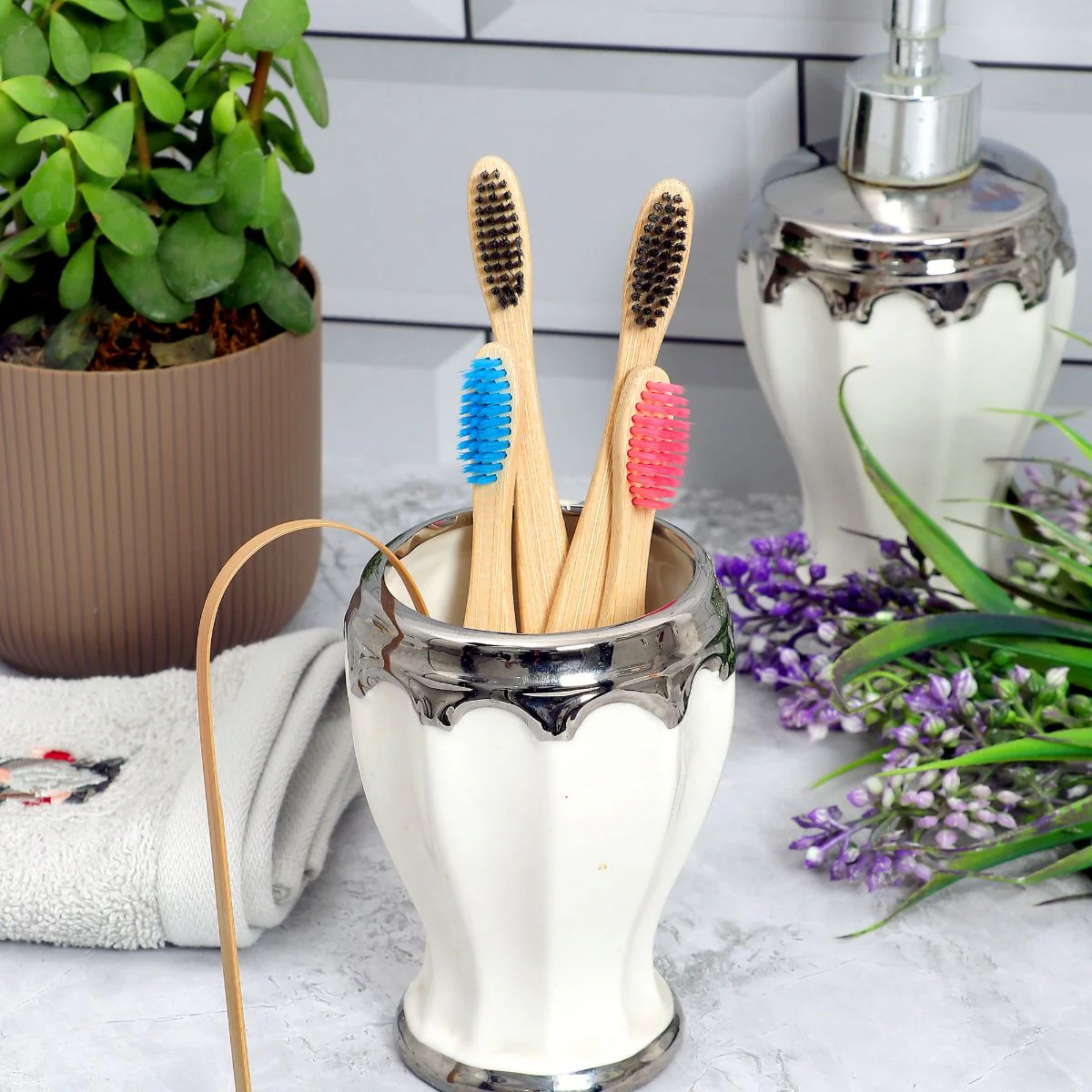 Family Bamboo Toothbrush Set | 2 Adult 2 Kids Brushes & Tongue Cleaner - Image 3