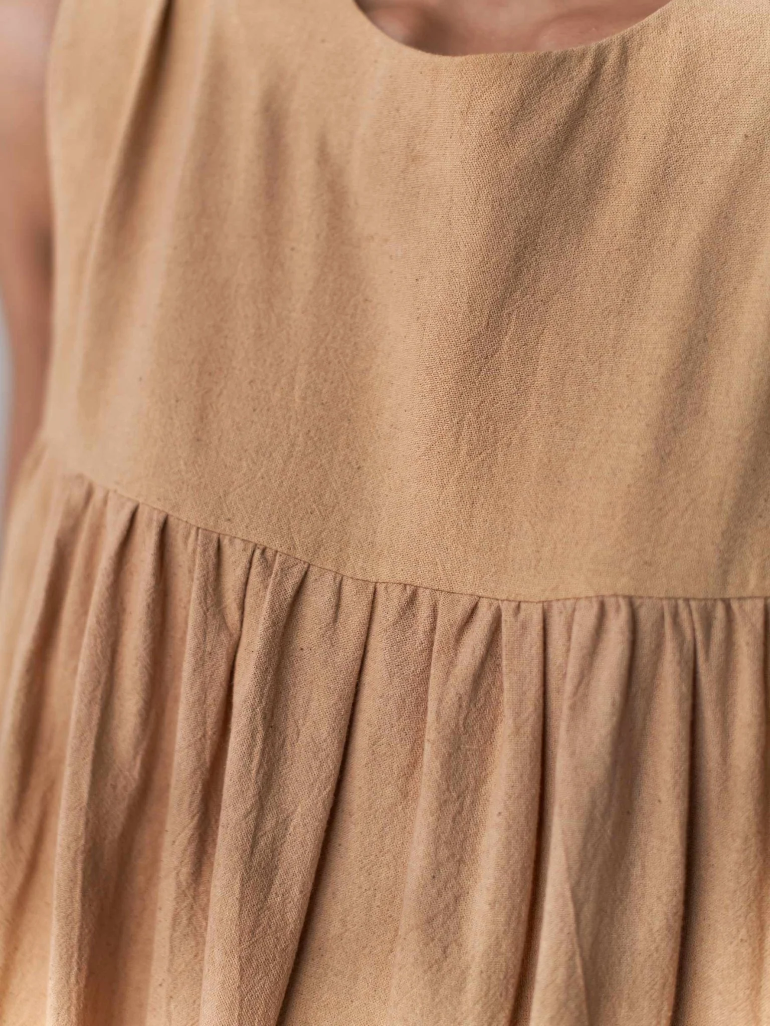 Beige Flared Gathered Cotton Dress for Women - Image 4