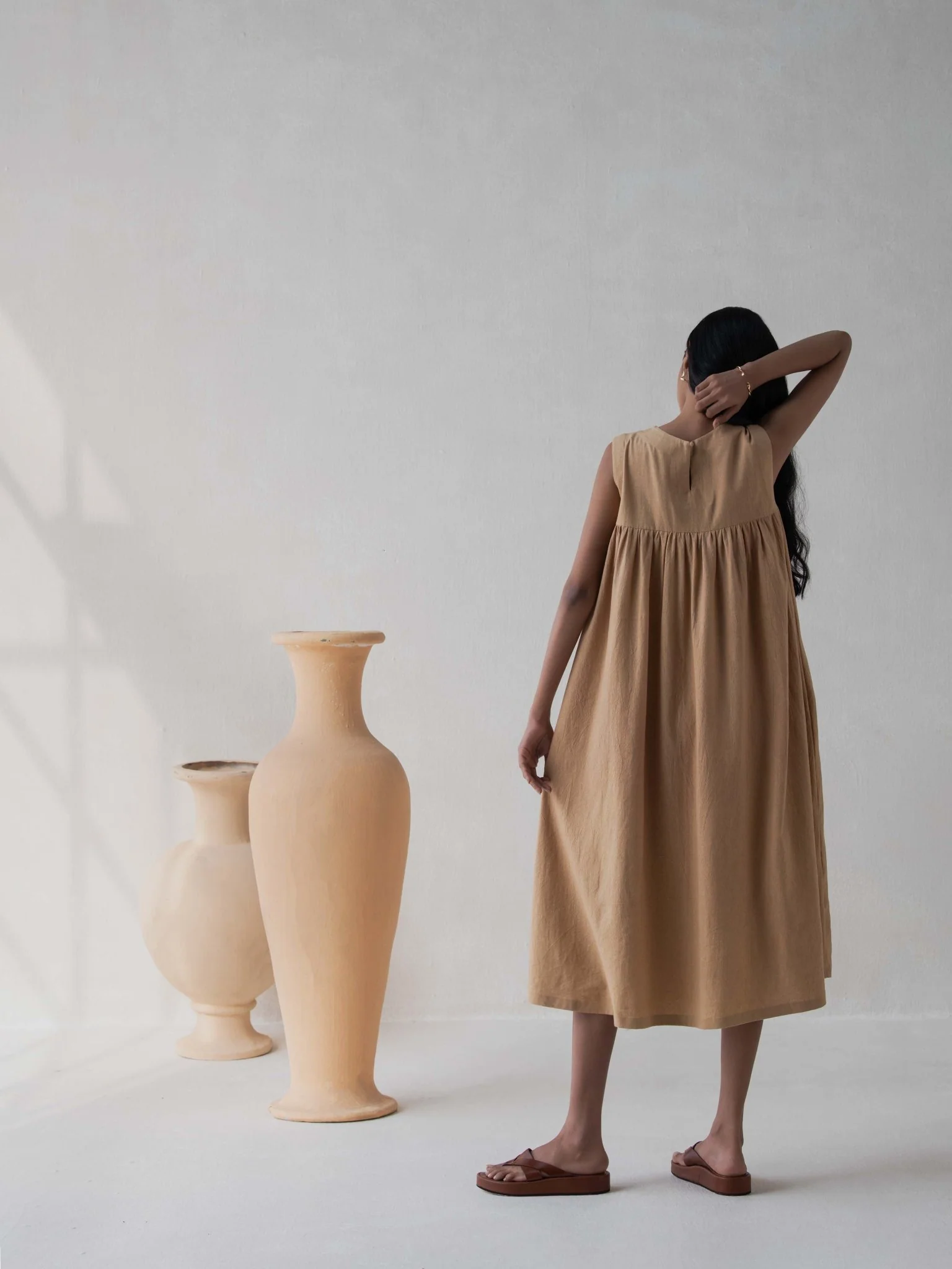 Beige Flared Gathered Cotton Dress for Women - Image 7
