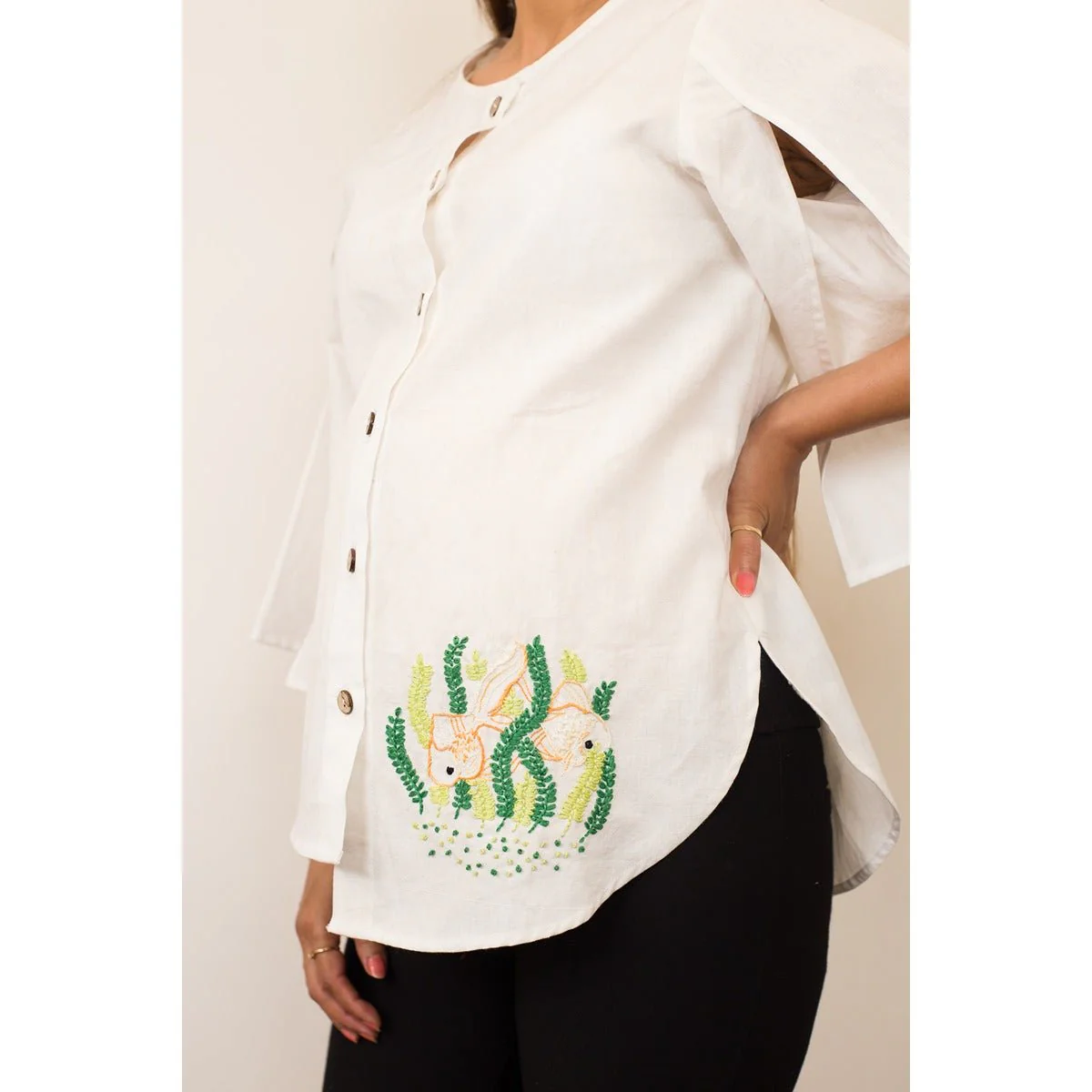 White Flashy Fern Buttoned Cotton Maternity Top for Women - Image 2