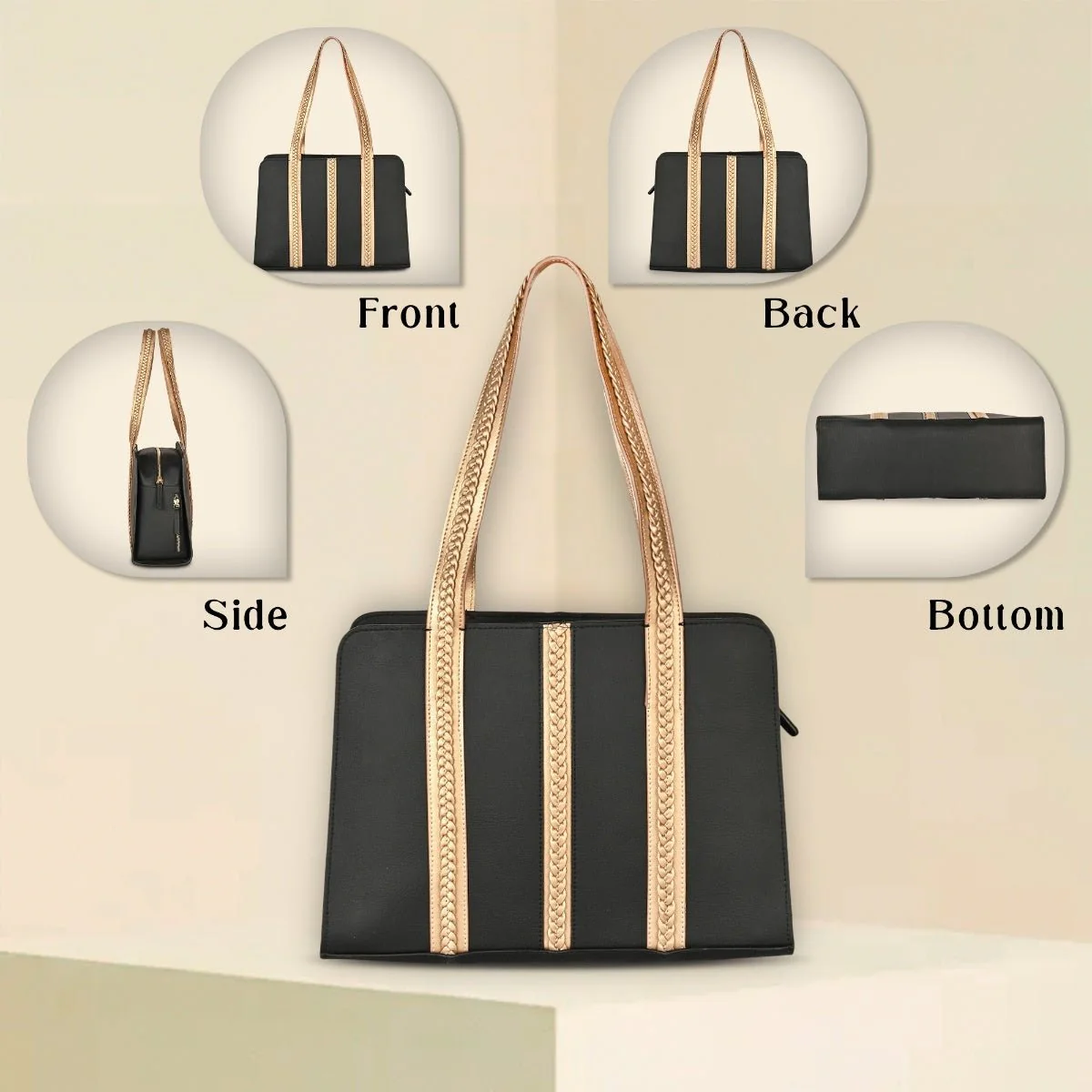 Gaia Vegan Leather Shoulder Bag (Black & Gold) - Image 3