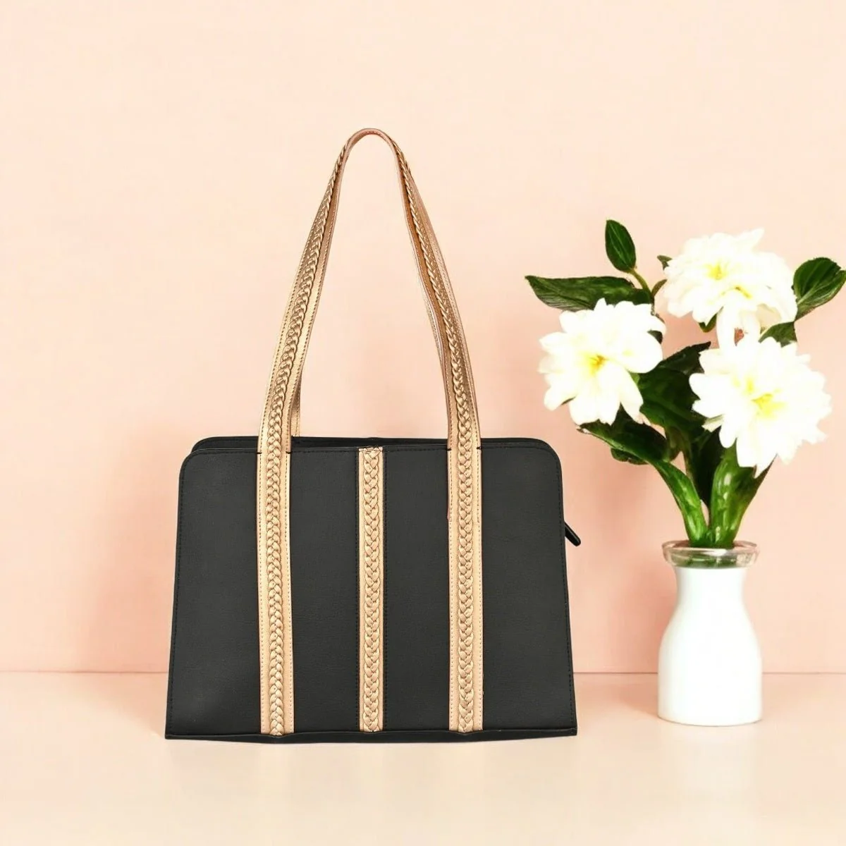 Gaia Vegan Leather Shoulder Bag (Black & Gold) - Image 8