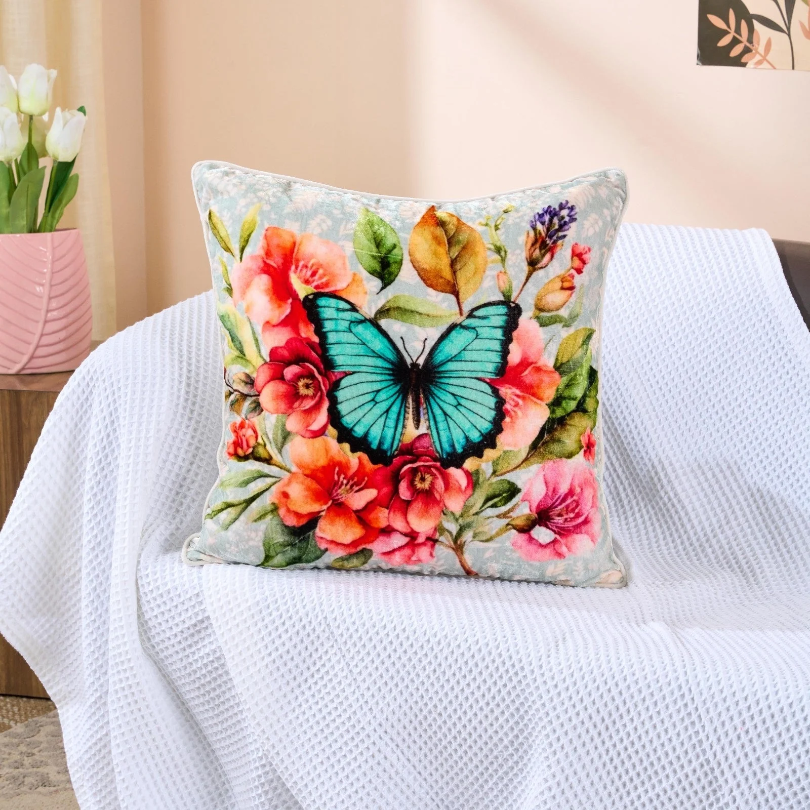 Gardenia Charm Velvet Cushion | Floral Luxury Decorative Cushion