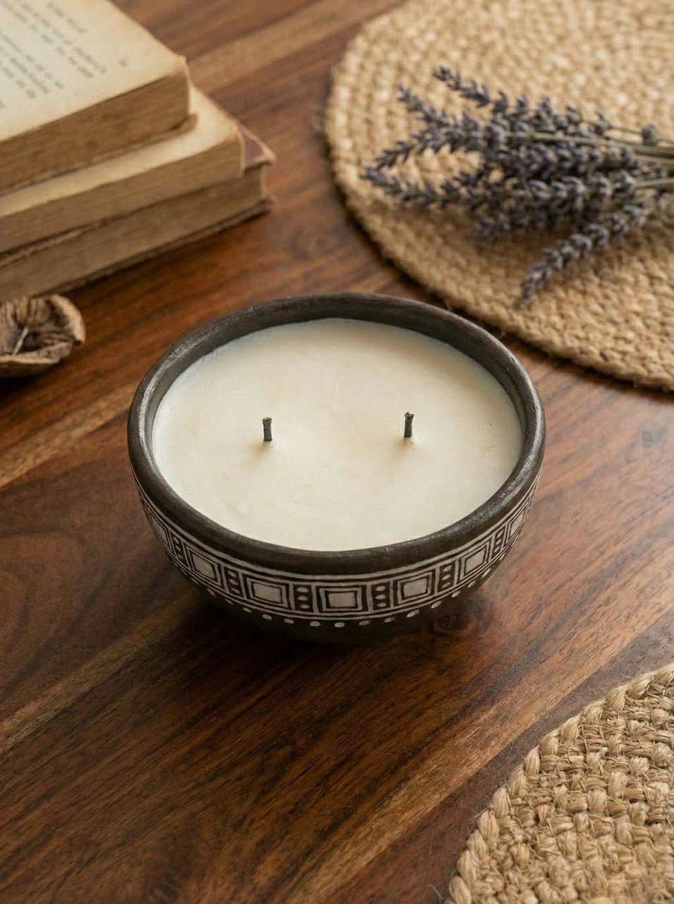 Geometric Glow 2-Wick Black Clay Candle | Handcrafted Aromatic Bowl - Image 2